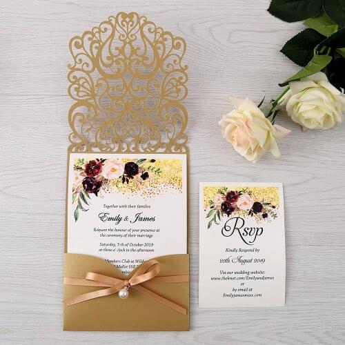 100pcs Gold New Arrival Horizontal Laser Cut Wedding Invitations with pearl ribbon,RSVP card,Customizable