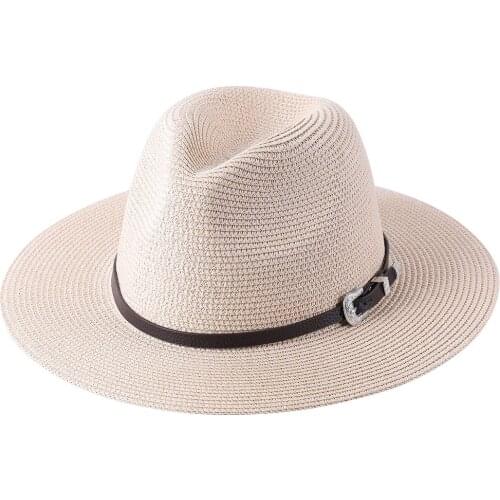 Simple straw hat women summer flat brim jazz top hat men and women sunscreen panama sun hat small totem belt