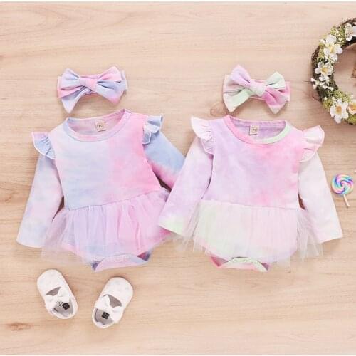 Ruffles Mesh Romper Dresses For Baby Girls Kids Tie Dye Bodysuits Casual Long Sleeve Bodysuit+Headband 2pcs Lace Autumn Outfits