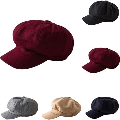 Wool Women Beret Autumn Winter Octagonal Cap Hats Stylish Artist Painter Newsboy Caps Black Grey Beret Hats