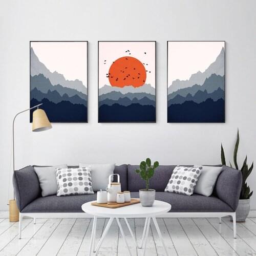 Scandinavian Wall Art Abstract Blue Orange Landscape Panorama Poster And Print Decorative Canvas Painting Livingroom Home Decor