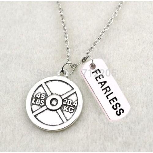 Fitness Weightlifting jewelry Vintage Circle 45LBS 20.4KG Weight Plate and FEARLESS sport necklace