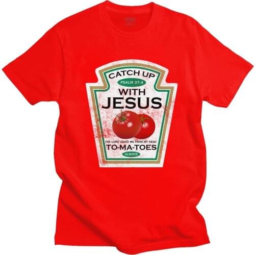 Funny Catch Up With Jesus T Shirt Men Vintage Vegan Tomato T-shirt Christian Gift Veganism Short Sleeved Cotton Tee Merchandise