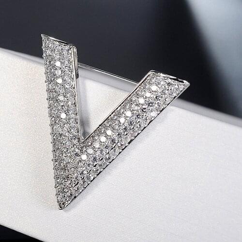 LADYCHIC Letter V Shape Brooch Clear Crystal Zircon Luxury Shining Silver Color Brooches for Men & Women Shirts Accessories