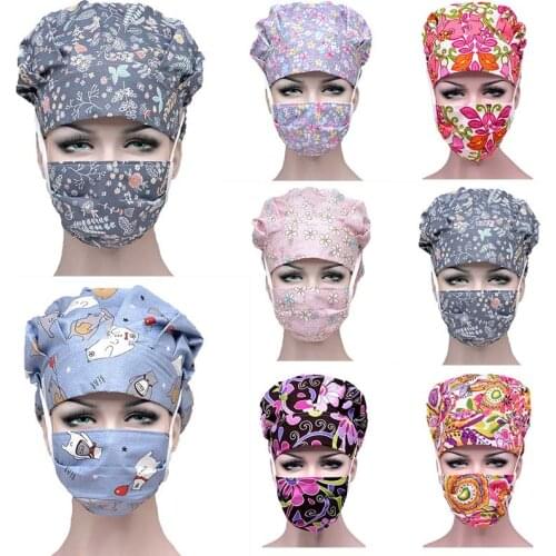 Women Scrub Caps Cartoon Flower Printed Cotton Sweatband Bouffant Hats Adjustable Reuseable Caps Washable Work Wear Hats