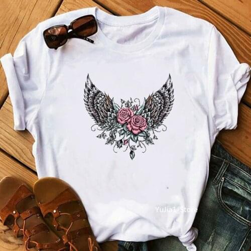 Vintage Flower wings print tee shirt femme tumblr tshirt summmer 2020 new love butterflies feathers print female t-shirt DIY top