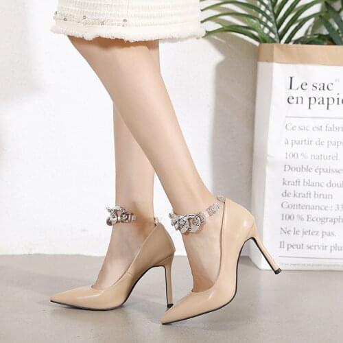 2021 New Fashion Silver Chain Women Pumps High Heels Black PU Leather Pointed Toe Sexy Stiletto Shoes Woman Ladies Big Size 40