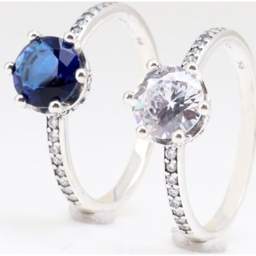 925 Sterling Silver Pan Ring Blue SParkling Crown Rings With Crystal For Women Wedding Party Gift Fashion Jewelry