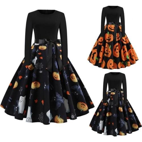 Women Dress Winter Halloween Dress O Neck Bowknot Bat Loose Hem Lady Dress Pumpkin Print Halloween Costume Party Dresses Casual