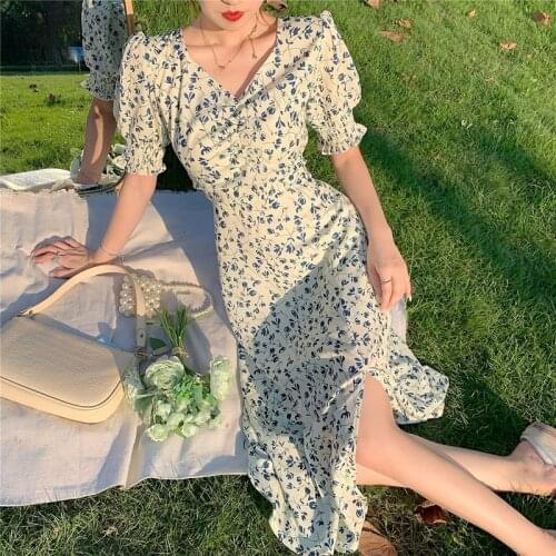 French Vintage Floral Dress Women Summer Retro Elegant Dress Lady Casual Split Sexy Party Long Dresses 2021 Robes Clothes 15268