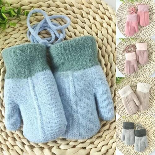 1 Pair Winter Gloves Boys Girls Winter Plush Liner Polar Fleece Gloves Hanging Neck Full Finger Gloves Mittens Knitted Gloves