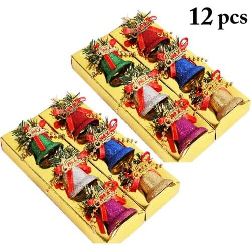 12Pcs/Set Christmas Bell Decor Bowknot Letter Plastic Bell Ornament Xmas Tree Hanging Decor Accessories Party Supplies
