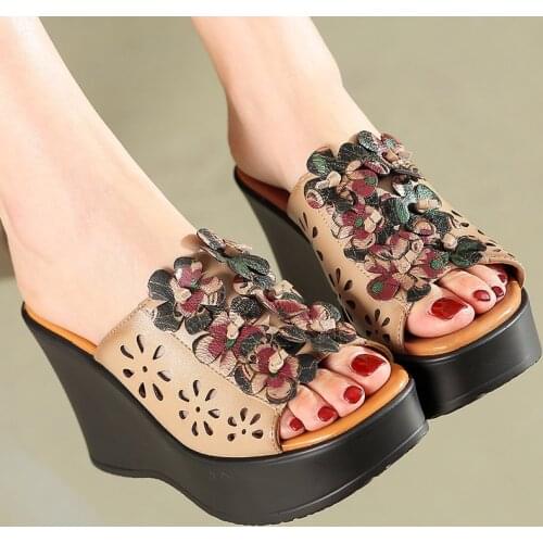 2021 Summer Woman Shoes Platform Slippers Wedge Genuine Leather Women High Heel Slippers For Women Retro Sandals Female Shoes