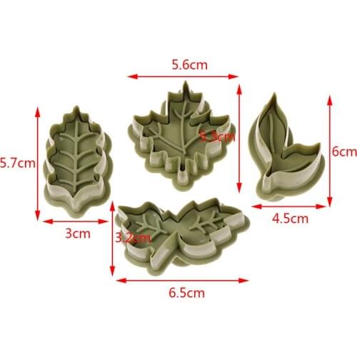 4 pcs/set 4 Kinds Of Leaf Shape Plastic Cookie Cutters Set Pastry Cake Biscuit Mold Spring Plunger Baking Tools
