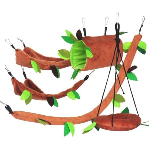 5pcs Pet Plush Leaf Hammock Set Hanging Sleeping Mat Tube Toy Hamster Rope-Way Swing Jungle Set Cage Accessories