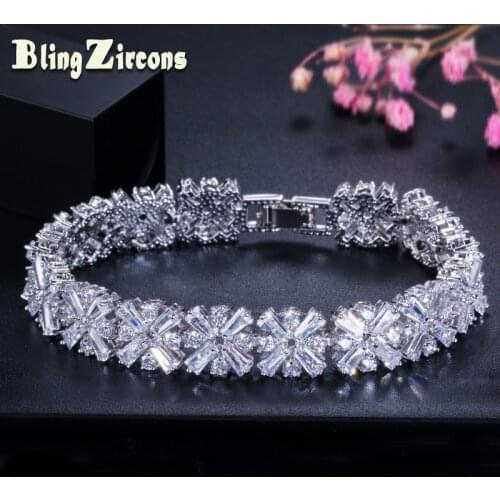 BeaQueen Famous Brand Full Cubic Zirconia Flower Connected Bracelets Bangles Luxury Bridal Wedding Jewelry for Women B042