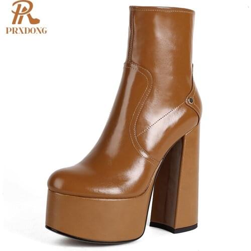 Top Quality High Heeled Womens Boots Genuine Leather Thick Platform Female Ankle Boots Zipper Ladies Shoes Casual Brown Black
