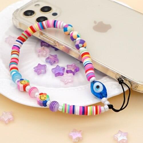 Phone Chain Heishi Beads Hangs Mobile Straps Charm Soft Pottery Beads Chains Evil Eye Smiley Telephone Jewelry 2021