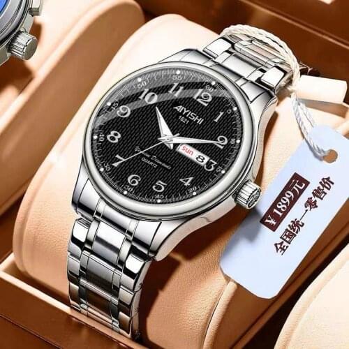 Genuine Mens Watches Calendar Chinese English Dual Display Waterproof Stainless Steel Watch Big Numbers Quartz Clock Hot A4141