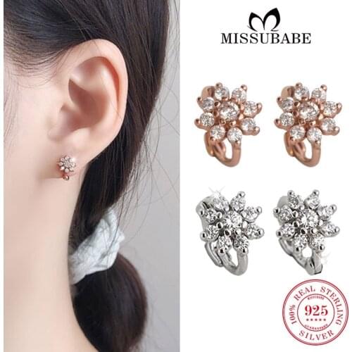 Zircon 925 Hoop Earrings Sterling Silver Piercing 8 Petals Flower Ear Hoops Small Circle Fashion Jewelry For Women Girls Lady