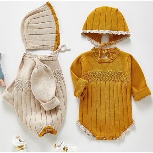 Infant Baby Girls Jumpsuit+Hat Cotton Knitting Long Sleeve Toddler Baby Girl Romper Spring Autumn Baby Girls Clothes