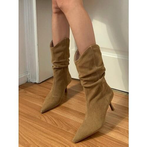 EshtonShero Shoes Woman Mid Calf Boot Cow Suede Thin High Heels Pointed Toe Winter Ladies Ladies Motorcycle Boot Size 3-9