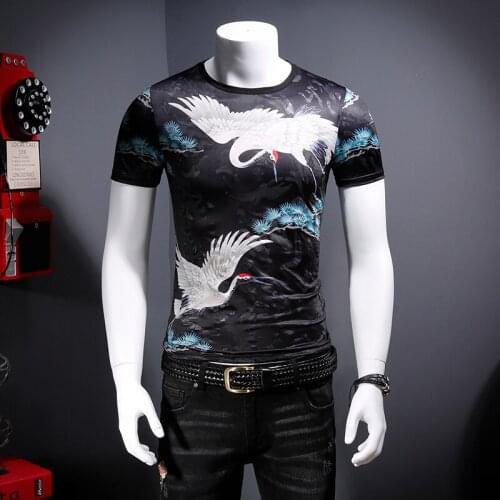 Chinese style crane pattern 3d printing luxury short sleeve t shirt Summer 2018 high-quality tencel soft comfortable t shirt men