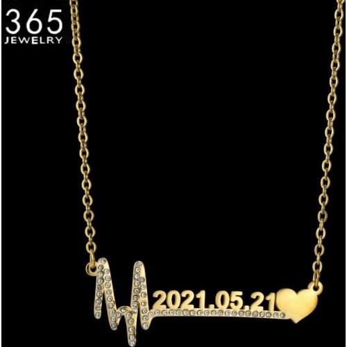 Personalized Custom Necklace Stainless Steel Heartbeat Pendant Name Date Customized Necklace With Diamond Engagement Jewelry