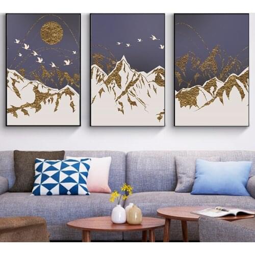 Snow Mountain and Birds Canvas Painting Gold Sun Poster Print Unique Decor Wall Art Pictures For Living Room Bedroom Aisle Décor