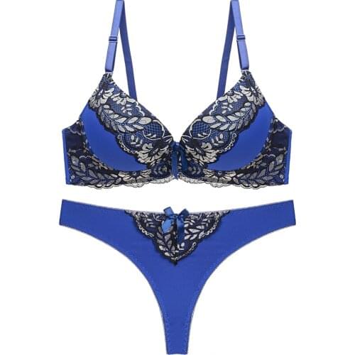 Sexy Lace Women Push Up Bra Sets Sequins Thongs Bra Brief Sets French Romantic Intimate Underwear Panty Set