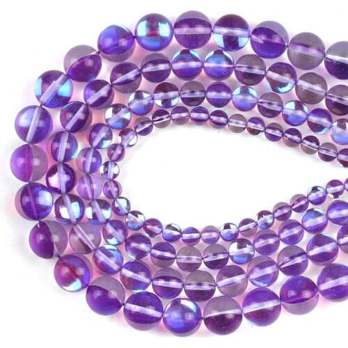 Round Clear Purple Flash Crystal Glass MoonStone Glitter Loose Beads 15''6/8/10/12mm For Jewelry Making DIY Charms Bracelet