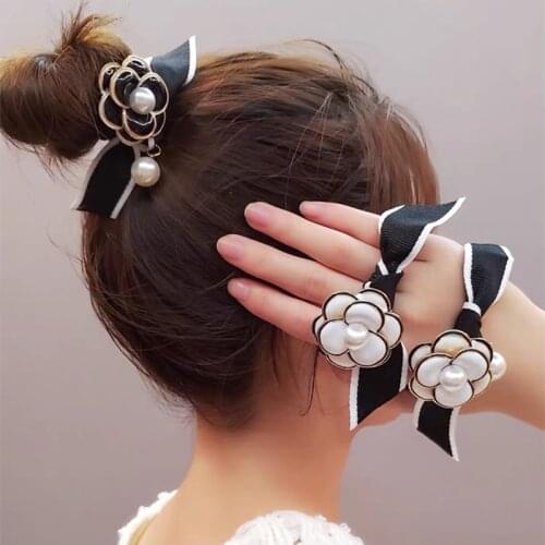 Ribbon Pearl Camellia Hair Ties Elastic Hair Band Hair Accessories France Rose Flower Pearl Bow Rubber Band Hair Ropes Wholesale