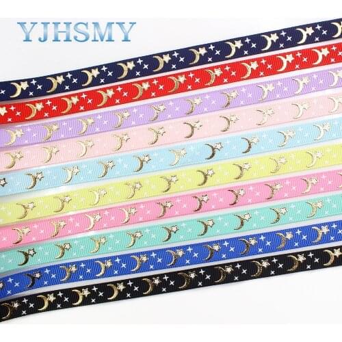 YJHSMY I-19418-1025,5yards 3/8"(10mm) Solid color Hot stamping stars moon Ribbons,DIY bow cap accessories and decorations