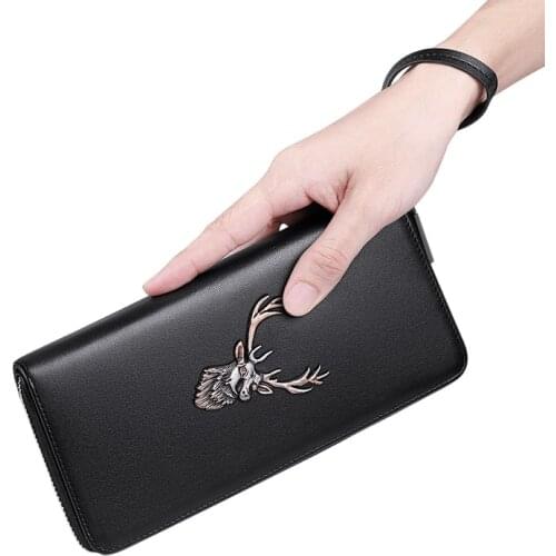 Mens wallet long deer head 3D three-dimensional fashion multifunctional credit card bag leather organ wallet clutch bag