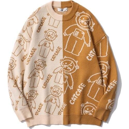 2021 Cartoon Retro Style Brown Sweater Men Harajuku Fashion Knitted Casual Japanese Streetwear Pullovers Knitwear Ropa Hombre