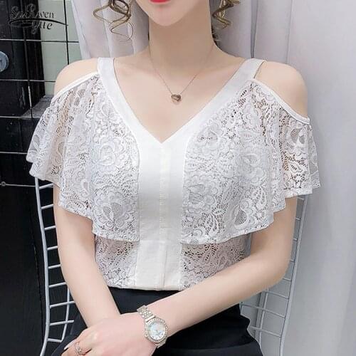 Summer New 2021 Sexy Off-shoulder Ruffle Tops Simple V-neck Slim Lace Blouse Black White Shirts Plus Size 3XL Blusas Mujer 14055