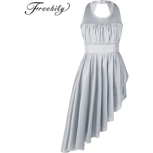 Kids Teens Ruched Cutout Irregular Hem Figure Skating Dress Girls Ballet Gymnastics Leotard Competition Lyrical Dance Costumes