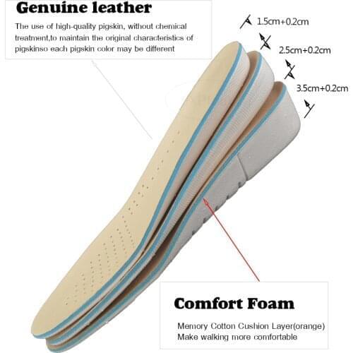 2 Pair Premium Unisex Genuine Leather Height Increase Elevator Shoes Insoles Invisible Heel Shoe Lift Increased Memory Cushion