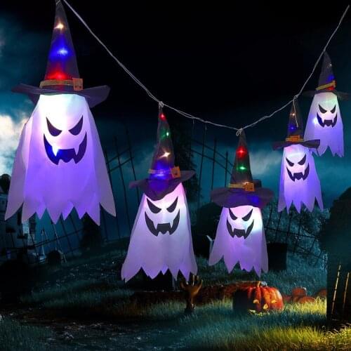 Halloween Decoration LED Flashing Light Gypsophila Ghost Festival Dress Up Glowing Wizard Ghost Hat Lamp Decor Hanging Lantern