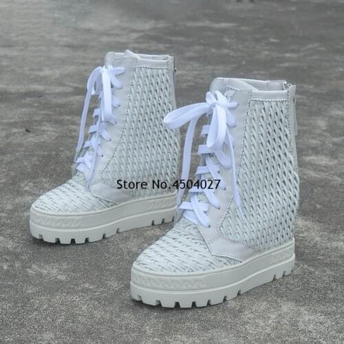 Height Increasing Platform Weave Ankle Boots For Women Lace Up Back Zipper Woman Shoes Wedge Heel Booties