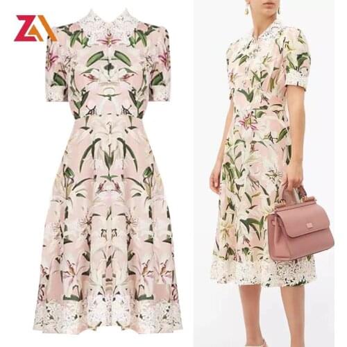 ZALady designer runway elegant lily floral midi dresses for women lace up turndown collar basic zevity summer party dress mujer