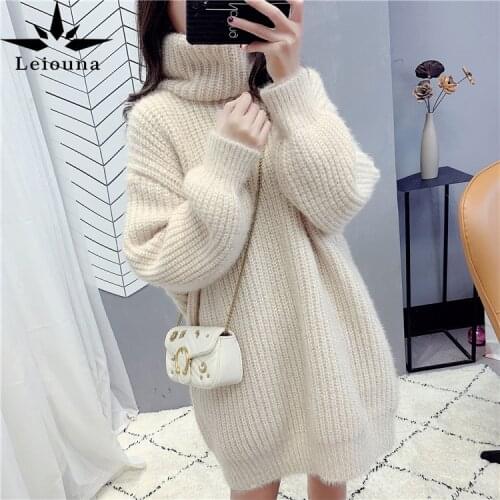 Leiouna Casual Solid Thickened 2021 New Women Dress Lazy Wind Red High Collar Womens Autumn Winter Medium Length Sweater Dress
