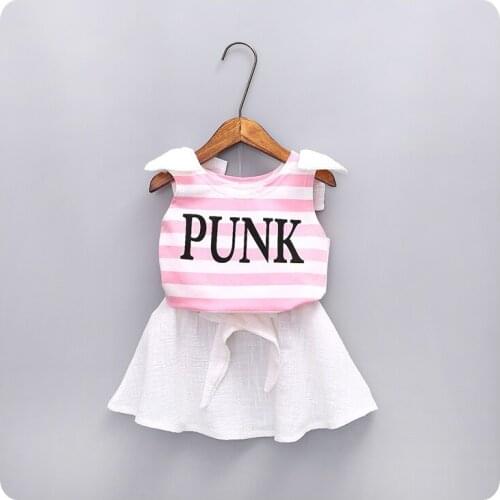 2016 Korean Summer New Product Girl Precious Childrens Garment Twinset Stripe Letter Shoulder Bow T-Shirt Short Skirt Suit