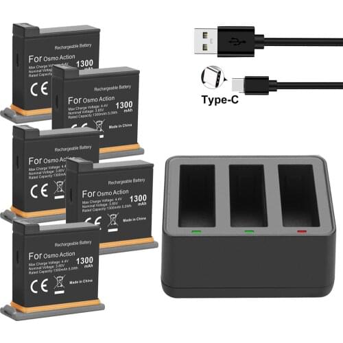 5 Pack Battery + 3 Slots Battery Charger Storage Box for DJI Osmo Action Camera Accessories