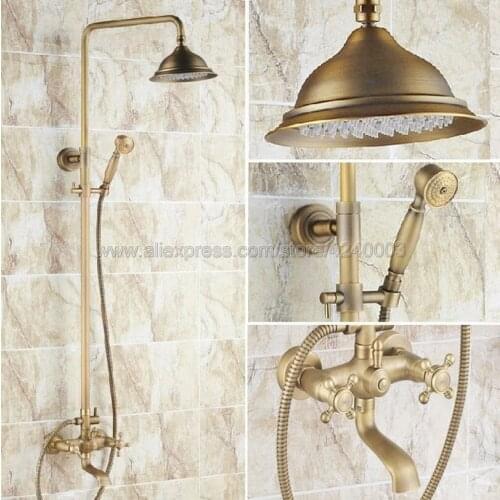 Antique Brass Bathroom 8" Rain Shower Set Wall Mounted Faucet Mixer Tap with Hand Sprayer Krs123