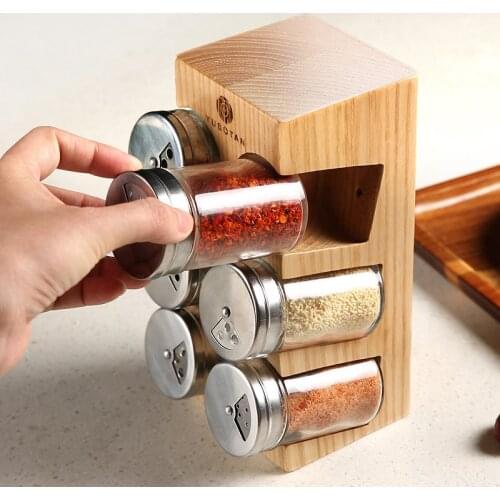 6pcs/set Wood seasoning box Spice jar set Wood seasoning bottle Spices and pepper shakers Salt tank Kitchen supplies