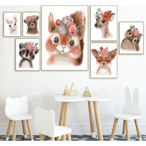 Nursery Wall Art Canvas Painting Raccoon Squirrel Fox Rabbit Bear Deer Owl Posters And Prints Wall Pictures Baby Kids Room Decor