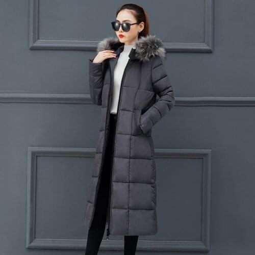 X-long Women Solid Jacket Winter Thick Parkas Fad Plus Size Office Ladies Slim Hooded With Fur Collar Coat Femme Ropa De Mujer