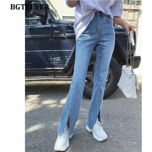 BGTEEVER Vintage Split Women Blue Jeans High Waist Pockets Loose Female Straight Denim Pants 2021 Summer Casual Ladies Trousers