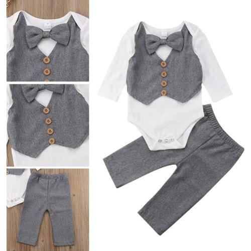Emmababy Winter Kids Baby Boy Gentleman Bow Tie Shirt Tops Romper+Pants Party Formal Set Clothes